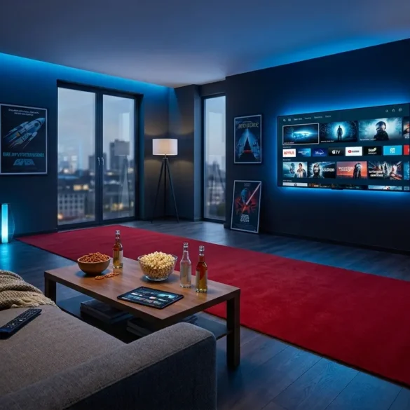 Fotorealistische Szene eines gemütlichen Heimkino-Abends mit mehreren Streaming-Oberflächen auf einem modernen Fernseher, Science-Fiction-Stimmung durch dezente futuristische Poster und blaues Umgebungslicht, Sofa, Fernbedienung, Snacks auf dem Tisch, natürliche Beleuchtung, realistische Texturen, modernes Wohnzimmer, kein Text im Bild