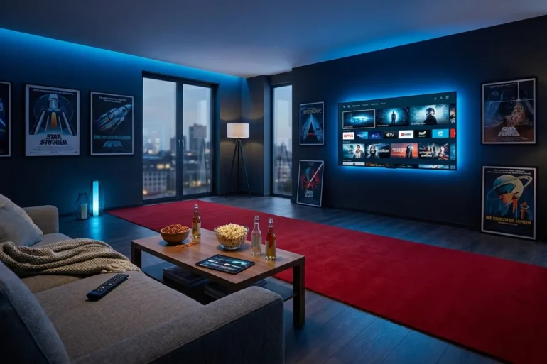 Fotorealistische Szene eines gemütlichen Heimkino-Abends mit mehreren Streaming-Oberflächen auf einem modernen Fernseher, Science-Fiction-Stimmung durch dezente futuristische Poster und blaues Umgebungslicht, Sofa, Fernbedienung, Snacks auf dem Tisch, natürliche Beleuchtung, realistische Texturen, modernes Wohnzimmer, kein Text im Bild