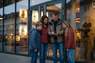 Fotorealistische Szene vor einem modernen Kino bei weichem natürlichem Abendlicht: genau 4 Personen, eine Familie mit zwei Kindern und zwei Erwachsenen, stehen vor dem Eingangsbereich und schauen gemeinsam auf ein Smartphone mit Filmprogramm, während im Hintergrund unscharf leuchtende Kinoposter ohne lesbare Schrift und warme Lichter zu sehen sind. Natürliche Hauttöne, realistische Stofftexturen bei Jacken und Jeans, authentische Spiegelungen auf Glas, freundliche und entspannte Stimmung, ausgewogene Komposition mit Fokus auf Familienentscheidung, dezente Farben in Blau, Rot und Gold, keine Wörter, keine Buchstaben, keine Zahlen im Bild.