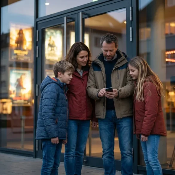 Fotorealistische Szene vor einem modernen Kino bei weichem natürlichem Abendlicht: genau 4 Personen, eine Familie mit zwei Kindern und zwei Erwachsenen, stehen vor dem Eingangsbereich und schauen gemeinsam auf ein Smartphone mit Filmprogramm, während im Hintergrund unscharf leuchtende Kinoposter ohne lesbare Schrift und warme Lichter zu sehen sind. Natürliche Hauttöne, realistische Stofftexturen bei Jacken und Jeans, authentische Spiegelungen auf Glas, freundliche und entspannte Stimmung, ausgewogene Komposition mit Fokus auf Familienentscheidung, dezente Farben in Blau, Rot und Gold, keine Wörter, keine Buchstaben, keine Zahlen im Bild.