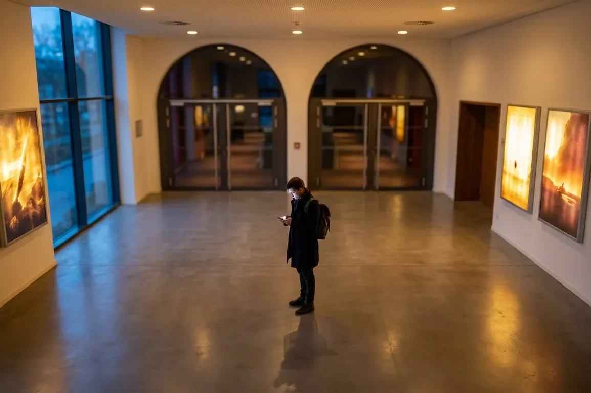 Fotorealistische Szene in einem modernen deutschen Kinofoyer bei natürlichem Abendlicht, eine einzelne Person steht vor beleuchteten Filmplakaten und blickt auf ihr Smartphone, während im Hintergrund unscharf der Eingang zu mehreren Kinosälen sichtbar ist. Warme Gold- und Rottöne, realistische Texturen von Stoff, Glas und Metall, dezente Reflexionen auf dem Boden, glaubwürdige Alltagssituation mit ruhiger, einladender Stimmung und klarem Fokus auf die Entscheidung zwischen Filmstarts im Kino und persönlicher Filmauswahl, ohne jegliche Schrift im Bild.