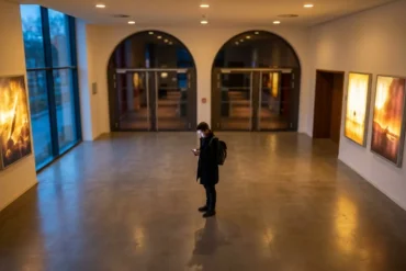 Fotorealistische Szene in einem modernen deutschen Kinofoyer bei natürlichem Abendlicht, eine einzelne Person steht vor beleuchteten Filmplakaten und blickt auf ihr Smartphone, während im Hintergrund unscharf der Eingang zu mehreren Kinosälen sichtbar ist. Warme Gold- und Rottöne, realistische Texturen von Stoff, Glas und Metall, dezente Reflexionen auf dem Boden, glaubwürdige Alltagssituation mit ruhiger, einladender Stimmung und klarem Fokus auf die Entscheidung zwischen Filmstarts im Kino und persönlicher Filmauswahl, ohne jegliche Schrift im Bild.