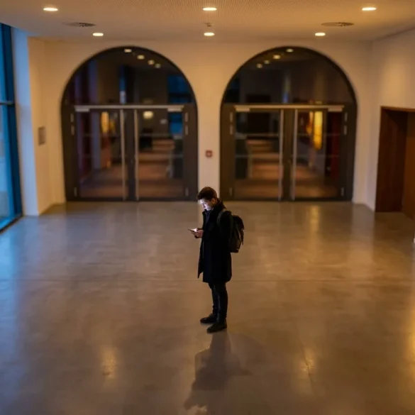 Fotorealistische Szene in einem modernen deutschen Kinofoyer bei natürlichem Abendlicht, eine einzelne Person steht vor beleuchteten Filmplakaten und blickt auf ihr Smartphone, während im Hintergrund unscharf der Eingang zu mehreren Kinosälen sichtbar ist. Warme Gold- und Rottöne, realistische Texturen von Stoff, Glas und Metall, dezente Reflexionen auf dem Boden, glaubwürdige Alltagssituation mit ruhiger, einladender Stimmung und klarem Fokus auf die Entscheidung zwischen Filmstarts im Kino und persönlicher Filmauswahl, ohne jegliche Schrift im Bild.