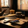 Fotorealistische Hero-Szene für einen Filmempfehlungs- und Vergleichsartikel: gemütliches modernes Wohnzimmer bei natürlichem Abendlicht, auf einem Couchtisch liegen Fernbedienung, Notizbuch mit Filmliste und Smartphone mit Streaming-Übersicht, im Hintergrund großer Fernseher mit unscharfer filmischer Lichtstimmung, eine Person sitzt entspannt auf dem Sofa und wählt einen Film aus, warme Farben, realistische Texturen, natürliches Licht, hochwertige cineastische Atmosphäre, kein Text im Bild