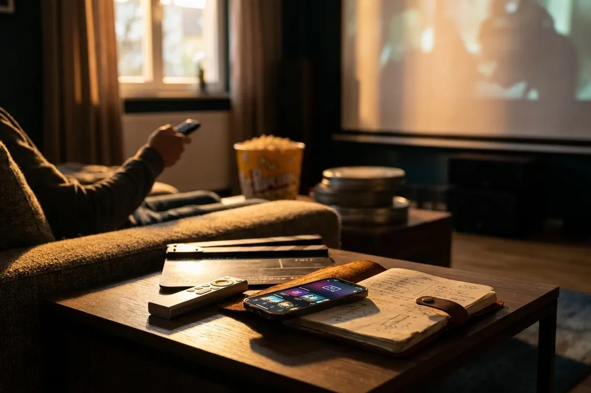 Fotorealistische Hero-Szene für einen Filmempfehlungs- und Vergleichsartikel: gemütliches modernes Wohnzimmer bei natürlichem Abendlicht, auf einem Couchtisch liegen Fernbedienung, Notizbuch mit Filmliste und Smartphone mit Streaming-Übersicht, im Hintergrund großer Fernseher mit unscharfer filmischer Lichtstimmung, eine Person sitzt entspannt auf dem Sofa und wählt einen Film aus, warme Farben, realistische Texturen, natürliches Licht, hochwertige cineastische Atmosphäre, kein Text im Bild