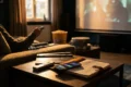 Fotorealistische Hero-Szene für einen Filmempfehlungs- und Vergleichsartikel: gemütliches modernes Wohnzimmer bei natürlichem Abendlicht, auf einem Couchtisch liegen Fernbedienung, Notizbuch mit Filmliste und Smartphone mit Streaming-Übersicht, im Hintergrund großer Fernseher mit unscharfer filmischer Lichtstimmung, eine Person sitzt entspannt auf dem Sofa und wählt einen Film aus, warme Farben, realistische Texturen, natürliches Licht, hochwertige cineastische Atmosphäre, kein Text im Bild