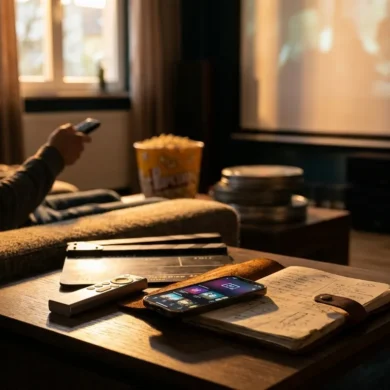 Fotorealistische Hero-Szene für einen Filmempfehlungs- und Vergleichsartikel: gemütliches modernes Wohnzimmer bei natürlichem Abendlicht, auf einem Couchtisch liegen Fernbedienung, Notizbuch mit Filmliste und Smartphone mit Streaming-Übersicht, im Hintergrund großer Fernseher mit unscharfer filmischer Lichtstimmung, eine Person sitzt entspannt auf dem Sofa und wählt einen Film aus, warme Farben, realistische Texturen, natürliches Licht, hochwertige cineastische Atmosphäre, kein Text im Bild