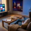 Fotorealistische Szene in einem modernen Wohnzimmer bei natürlicher Abendbeleuchtung: 2 Personen sitzen entspannt auf einem Sofa, vor ihnen ein Couchtisch mit Fernbedienung, Tablet und Popcorn, im Hintergrund ein großer Fernseher mit klar erkennbarer, aber textfreier Streaming-Oberfläche aus farbigen Kacheln ohne Logos oder Schrift. Warme, realistische Texturen bei Stoff, Holz und Glas, dezente Blautöne vom Bildschirmlicht, glaubwürdige Alltagsatmosphäre, hochwertig, aufgeräumt und visuell passend zu einem Vergleich der besten Streamingdienste für Filme, Serien und Sport.