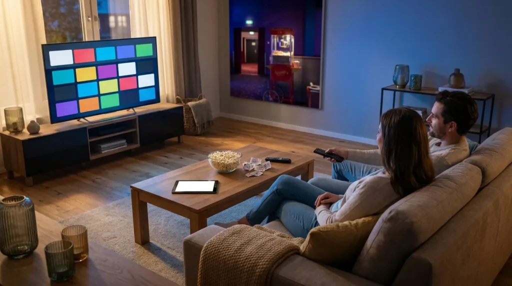 Fotorealistische Szene in einem modernen Wohnzimmer bei natürlicher Abendbeleuchtung: 2 Personen sitzen entspannt auf einem Sofa, vor ihnen ein Couchtisch mit Fernbedienung, Tablet und Popcorn, im Hintergrund ein großer Fernseher mit klar erkennbarer, aber textfreier Streaming-Oberfläche aus farbigen Kacheln ohne Logos oder Schrift. Warme, realistische Texturen bei Stoff, Holz und Glas, dezente Blautöne vom Bildschirmlicht, glaubwürdige Alltagsatmosphäre, hochwertig, aufgeräumt und visuell passend zu einem Vergleich der besten Streamingdienste für Filme, Serien und Sport.