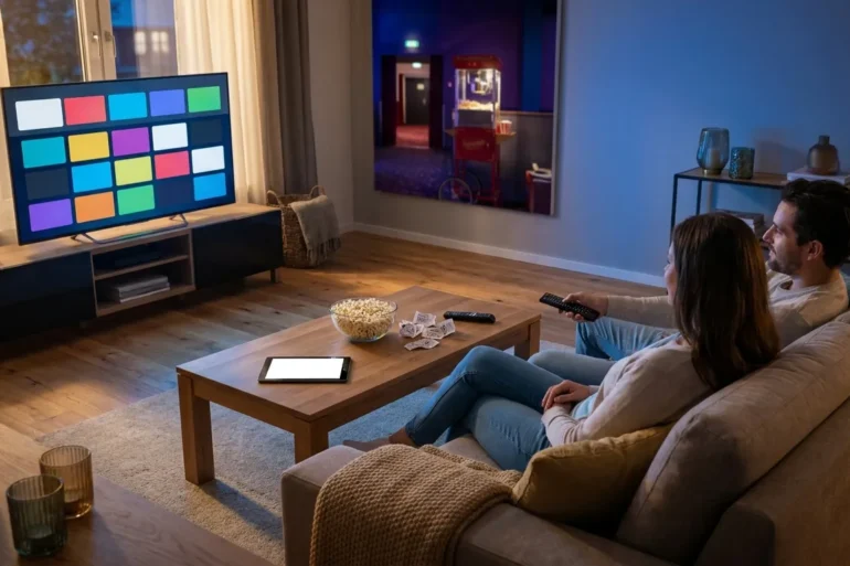 Fotorealistische Szene in einem modernen Wohnzimmer bei natürlicher Abendbeleuchtung: 2 Personen sitzen entspannt auf einem Sofa, vor ihnen ein Couchtisch mit Fernbedienung, Tablet und Popcorn, im Hintergrund ein großer Fernseher mit klar erkennbarer, aber textfreier Streaming-Oberfläche aus farbigen Kacheln ohne Logos oder Schrift. Warme, realistische Texturen bei Stoff, Holz und Glas, dezente Blautöne vom Bildschirmlicht, glaubwürdige Alltagsatmosphäre, hochwertig, aufgeräumt und visuell passend zu einem Vergleich der besten Streamingdienste für Filme, Serien und Sport.