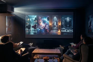 Fotorealistische Hero-Szene für einen Franchise-Vergleich: vier unterschiedliche Kino-Welten nebeneinander angedeutet, inspiriert von Superheldenstadt, Weltraum-Abenteuer, magischer Schlossatmosphäre und eleganter Agenten-Ästhetik, ohne bekannte Logos oder Text, moderne cineastische Komposition, natürliche Beleuchtung, realistische Texturen, hochwertige Tiefenschärfe, edle Farben, atmosphärisch und journalistisch