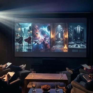Fotorealistische Hero-Szene für einen Franchise-Vergleich: vier unterschiedliche Kino-Welten nebeneinander angedeutet, inspiriert von Superheldenstadt, Weltraum-Abenteuer, magischer Schlossatmosphäre und eleganter Agenten-Ästhetik, ohne bekannte Logos oder Text, moderne cineastische Komposition, natürliche Beleuchtung, realistische Texturen, hochwertige Tiefenschärfe, edle Farben, atmosphärisch und journalistisch