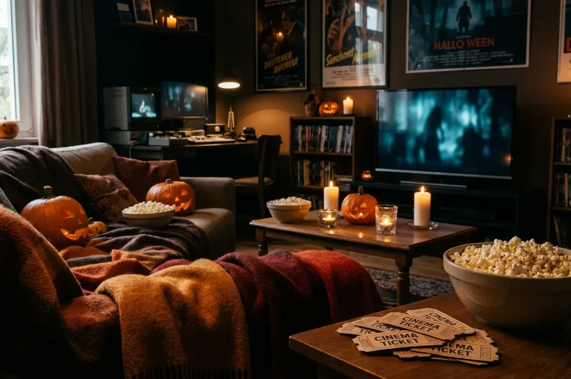 Fotorealistische Szene eines gemütlichen Halloween-Filmabends in einem Wohnzimmer bei natürlichem Abendlicht und warmem Lampenschein, ein Sofa mit sichtbaren Decken, Kürbissen, Kerzen ohne Schrift, Popcorn-Schalen und einem Fernseher mit unscharfer gruseliger Lichtstimmung ohne erkennbare Inhalte. Herbstliche Farben wie Orange, Dunkelrot und tiefes Braun, realistische Stofftexturen, Holzoberflächen und weiche Schatten, eine einladende, leicht schaurige Atmosphäre ohne Text, Zahlen oder Logos im Bild.