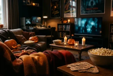 Fotorealistische Szene eines gemütlichen Halloween-Filmabends in einem Wohnzimmer bei natürlichem Abendlicht und warmem Lampenschein, ein Sofa mit sichtbaren Decken, Kürbissen, Kerzen ohne Schrift, Popcorn-Schalen und einem Fernseher mit unscharfer gruseliger Lichtstimmung ohne erkennbare Inhalte. Herbstliche Farben wie Orange, Dunkelrot und tiefes Braun, realistische Stofftexturen, Holzoberflächen und weiche Schatten, eine einladende, leicht schaurige Atmosphäre ohne Text, Zahlen oder Logos im Bild.