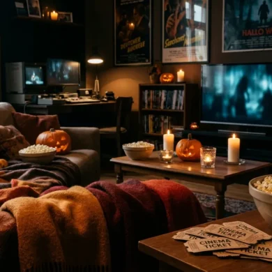 Fotorealistische Szene eines gemütlichen Halloween-Filmabends in einem Wohnzimmer bei natürlichem Abendlicht und warmem Lampenschein, ein Sofa mit sichtbaren Decken, Kürbissen, Kerzen ohne Schrift, Popcorn-Schalen und einem Fernseher mit unscharfer gruseliger Lichtstimmung ohne erkennbare Inhalte. Herbstliche Farben wie Orange, Dunkelrot und tiefes Braun, realistische Stofftexturen, Holzoberflächen und weiche Schatten, eine einladende, leicht schaurige Atmosphäre ohne Text, Zahlen oder Logos im Bild.