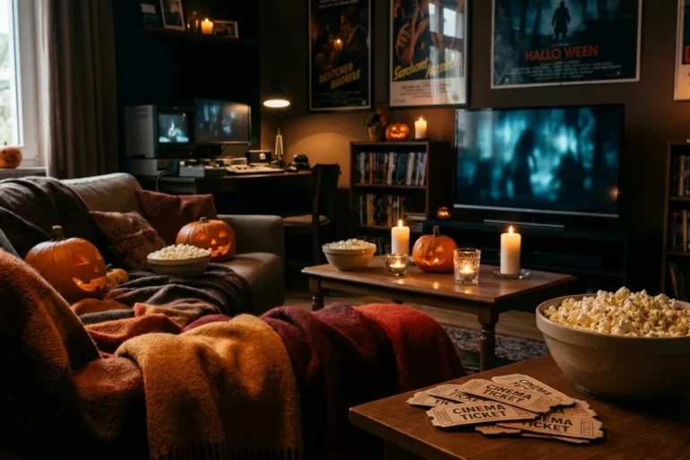 Fotorealistische Szene eines gemütlichen Halloween-Filmabends in einem Wohnzimmer bei natürlichem Abendlicht und warmem Lampenschein, ein Sofa mit sichtbaren Decken, Kürbissen, Kerzen ohne Schrift, Popcorn-Schalen und einem Fernseher mit unscharfer gruseliger Lichtstimmung ohne erkennbare Inhalte. Herbstliche Farben wie Orange, Dunkelrot und tiefes Braun, realistische Stofftexturen, Holzoberflächen und weiche Schatten, eine einladende, leicht schaurige Atmosphäre ohne Text, Zahlen oder Logos im Bild.