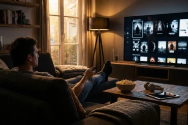 Fotorealistische Szene in einem modernen deutschen Wohnzimmer bei natürlichem Abendlicht: eine einzelne Person sitzt entspannt auf einem Sofa, hält eine Fernbedienung in der Hand und blickt auf einen großen Fernseher mit einer generischen Streaming-Oberfläche ohne jegliche Schrift, daneben liegen Popcorn, Kopfhörer und ein Tablet auf einem Holztisch. Warme, realistische Texturen von Stoff, Holz und Glas, dezente Kinostimmung, klare Komposition mit Fokus auf Heimkino-Gefühl, hochwertige Unterhaltung und entspannte Entscheidungsatmosphäre, keine Wörter, keine Logos, keine Zahlen im Bild.