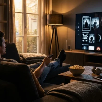 Fotorealistische Szene in einem modernen deutschen Wohnzimmer bei natürlichem Abendlicht: eine einzelne Person sitzt entspannt auf einem Sofa, hält eine Fernbedienung in der Hand und blickt auf einen großen Fernseher mit einer generischen Streaming-Oberfläche ohne jegliche Schrift, daneben liegen Popcorn, Kopfhörer und ein Tablet auf einem Holztisch. Warme, realistische Texturen von Stoff, Holz und Glas, dezente Kinostimmung, klare Komposition mit Fokus auf Heimkino-Gefühl, hochwertige Unterhaltung und entspannte Entscheidungsatmosphäre, keine Wörter, keine Logos, keine Zahlen im Bild.