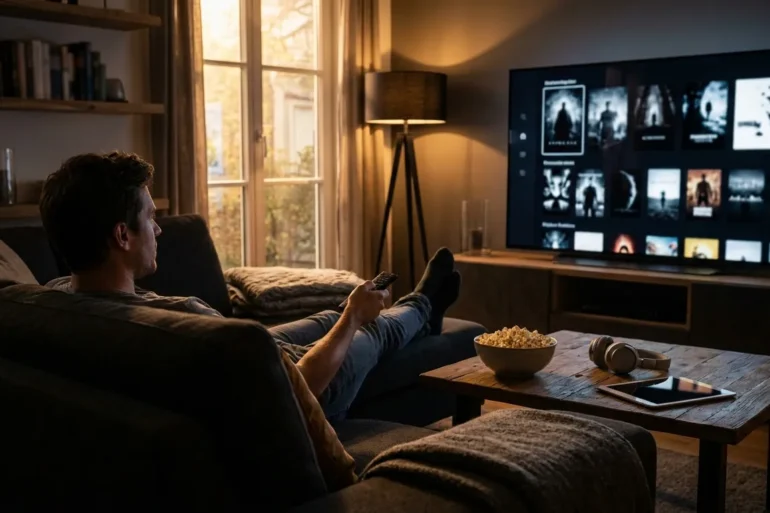 Fotorealistische Szene in einem modernen deutschen Wohnzimmer bei natürlichem Abendlicht: eine einzelne Person sitzt entspannt auf einem Sofa, hält eine Fernbedienung in der Hand und blickt auf einen großen Fernseher mit einer generischen Streaming-Oberfläche ohne jegliche Schrift, daneben liegen Popcorn, Kopfhörer und ein Tablet auf einem Holztisch. Warme, realistische Texturen von Stoff, Holz und Glas, dezente Kinostimmung, klare Komposition mit Fokus auf Heimkino-Gefühl, hochwertige Unterhaltung und entspannte Entscheidungsatmosphäre, keine Wörter, keine Logos, keine Zahlen im Bild.