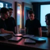 Fotorealistische Szene vor einem modernen Multiplex-Kino bei Abenddämmerung, 4 junge Erwachsene stehen vor beleuchteten Filmplakatrahmen ohne sichtbaren Text, während im Vordergrund eine Theke mit mehreren Horror-DVD-Hüllen ohne Beschriftung und realistischen Kunststoff-Texturen liegt. Natürliche Beleuchtung mit kühlem Blau und warmen Neonreflexen, leicht gespannte Stimmung, präzise Details bei Stoffen, Haut, Glas und Metall, cineastische Tiefenschärfe, hochwertiger redaktioneller Look ohne Schrift, Zahlen oder Logos im Bild.
