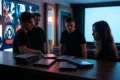 Fotorealistische Szene vor einem modernen Multiplex-Kino bei Abenddämmerung, 4 junge Erwachsene stehen vor beleuchteten Filmplakatrahmen ohne sichtbaren Text, während im Vordergrund eine Theke mit mehreren Horror-DVD-Hüllen ohne Beschriftung und realistischen Kunststoff-Texturen liegt. Natürliche Beleuchtung mit kühlem Blau und warmen Neonreflexen, leicht gespannte Stimmung, präzise Details bei Stoffen, Haut, Glas und Metall, cineastische Tiefenschärfe, hochwertiger redaktioneller Look ohne Schrift, Zahlen oder Logos im Bild.