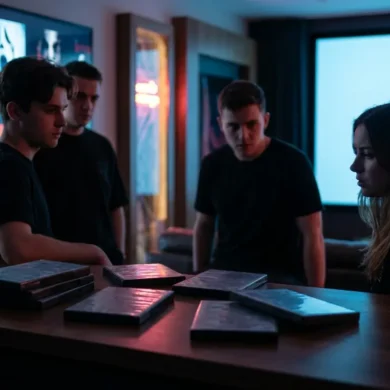 Fotorealistische Szene vor einem modernen Multiplex-Kino bei Abenddämmerung, 4 junge Erwachsene stehen vor beleuchteten Filmplakatrahmen ohne sichtbaren Text, während im Vordergrund eine Theke mit mehreren Horror-DVD-Hüllen ohne Beschriftung und realistischen Kunststoff-Texturen liegt. Natürliche Beleuchtung mit kühlem Blau und warmen Neonreflexen, leicht gespannte Stimmung, präzise Details bei Stoffen, Haut, Glas und Metall, cineastische Tiefenschärfe, hochwertiger redaktioneller Look ohne Schrift, Zahlen oder Logos im Bild.