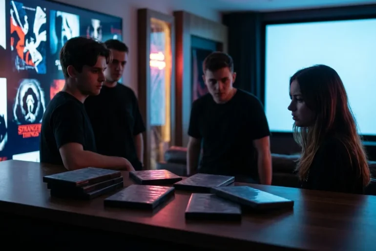 Fotorealistische Szene vor einem modernen Multiplex-Kino bei Abenddämmerung, 4 junge Erwachsene stehen vor beleuchteten Filmplakatrahmen ohne sichtbaren Text, während im Vordergrund eine Theke mit mehreren Horror-DVD-Hüllen ohne Beschriftung und realistischen Kunststoff-Texturen liegt. Natürliche Beleuchtung mit kühlem Blau und warmen Neonreflexen, leicht gespannte Stimmung, präzise Details bei Stoffen, Haut, Glas und Metall, cineastische Tiefenschärfe, hochwertiger redaktioneller Look ohne Schrift, Zahlen oder Logos im Bild.