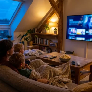 Fotorealistische Szene eines gemütlichen Familienwohnzimmers mit natürlichem Abendlicht: 2 Kinder und 1 Erwachsener sitzen entspannt auf einem Sofa, vor ihnen ein Fernseher mit unscharfer bunter Filmoberfläche ohne sichtbare Schrift oder Symbole, dazu Decken, eine Fernbedienung und eine Schale Popcorn auf dem Tisch. Warme Farbtöne, realistische Stofftexturen, weiche Schatten, authentische Wohnatmosphäre und ein klarer Fokus auf die entspannte Auswahl von Kinderfilmen im Streaming, ohne jeglichen Text, Zahlen oder Logos im Bild.