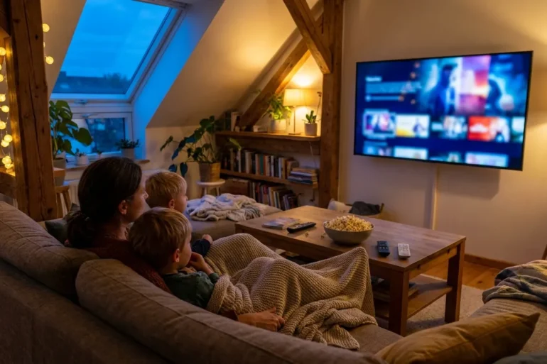 Fotorealistische Szene eines gemütlichen Familienwohnzimmers mit natürlichem Abendlicht: 2 Kinder und 1 Erwachsener sitzen entspannt auf einem Sofa, vor ihnen ein Fernseher mit unscharfer bunter Filmoberfläche ohne sichtbare Schrift oder Symbole, dazu Decken, eine Fernbedienung und eine Schale Popcorn auf dem Tisch. Warme Farbtöne, realistische Stofftexturen, weiche Schatten, authentische Wohnatmosphäre und ein klarer Fokus auf die entspannte Auswahl von Kinderfilmen im Streaming, ohne jeglichen Text, Zahlen oder Logos im Bild.