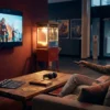 Fotorealistische Szene in natürlichem Licht: eine einzelne Person sitzt abends in einem modernen Wohnzimmer auf einem Sofa, blickt konzentriert auf einen großen Fernseher mit einem laufenden Filmtrailer, in der Hand eine Fernbedienung, auf dem Couchtisch liegen Kinoticket, Notizbuch und Kopfhörer. Warme, realistische Texturen bei Stoff, Holz und Glas, cineastische Lichtstimmung mit weichem Bildschirmlicht und dezenten Schatten, ruhige Komposition mit Fokus auf Entscheidungsfindung rund um Kino Trailer und Kino Ratgeber, ohne Text oder sichtbare Schrift im Bild.