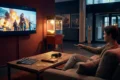 Fotorealistische Szene in natürlichem Licht: eine einzelne Person sitzt abends in einem modernen Wohnzimmer auf einem Sofa, blickt konzentriert auf einen großen Fernseher mit einem laufenden Filmtrailer, in der Hand eine Fernbedienung, auf dem Couchtisch liegen Kinoticket, Notizbuch und Kopfhörer. Warme, realistische Texturen bei Stoff, Holz und Glas, cineastische Lichtstimmung mit weichem Bildschirmlicht und dezenten Schatten, ruhige Komposition mit Fokus auf Entscheidungsfindung rund um Kino Trailer und Kino Ratgeber, ohne Text oder sichtbare Schrift im Bild.