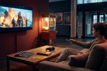 Fotorealistische Szene in natürlichem Licht: eine einzelne Person sitzt abends in einem modernen Wohnzimmer auf einem Sofa, blickt konzentriert auf einen großen Fernseher mit einem laufenden Filmtrailer, in der Hand eine Fernbedienung, auf dem Couchtisch liegen Kinoticket, Notizbuch und Kopfhörer. Warme, realistische Texturen bei Stoff, Holz und Glas, cineastische Lichtstimmung mit weichem Bildschirmlicht und dezenten Schatten, ruhige Komposition mit Fokus auf Entscheidungsfindung rund um Kino Trailer und Kino Ratgeber, ohne Text oder sichtbare Schrift im Bild.