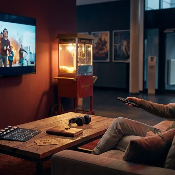Fotorealistische Szene in natürlichem Licht: eine einzelne Person sitzt abends in einem modernen Wohnzimmer auf einem Sofa, blickt konzentriert auf einen großen Fernseher mit einem laufenden Filmtrailer, in der Hand eine Fernbedienung, auf dem Couchtisch liegen Kinoticket, Notizbuch und Kopfhörer. Warme, realistische Texturen bei Stoff, Holz und Glas, cineastische Lichtstimmung mit weichem Bildschirmlicht und dezenten Schatten, ruhige Komposition mit Fokus auf Entscheidungsfindung rund um Kino Trailer und Kino Ratgeber, ohne Text oder sichtbare Schrift im Bild.