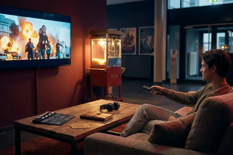 Fotorealistische Szene in natürlichem Licht: eine einzelne Person sitzt abends in einem modernen Wohnzimmer auf einem Sofa, blickt konzentriert auf einen großen Fernseher mit einem laufenden Filmtrailer, in der Hand eine Fernbedienung, auf dem Couchtisch liegen Kinoticket, Notizbuch und Kopfhörer. Warme, realistische Texturen bei Stoff, Holz und Glas, cineastische Lichtstimmung mit weichem Bildschirmlicht und dezenten Schatten, ruhige Komposition mit Fokus auf Entscheidungsfindung rund um Kino Trailer und Kino Ratgeber, ohne Text oder sichtbare Schrift im Bild.