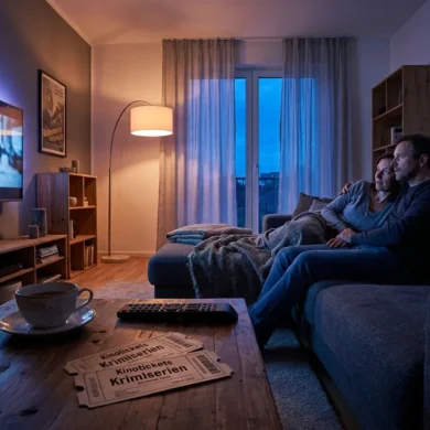 Ein modernes Wohnzimmer am Abend mit genau 2 Personen auf einem Sofa, die konzentriert einen spannenden Krimi-Stream auf einem großen Fernseher schauen, im Vordergrund eine Fernbedienung und eine Tasse Tee auf einem Couchtisch, dezentes natürliches Licht aus einer Stehlampe und kühles Dämmerlicht durch das Fenster. Fotorealistische Szene mit realistischen Stofftexturen, Holzoberflächen und sanften Schatten, cineastische Stimmung in Blau- und Grautönen, klare Komposition mit Fokus auf entspannte Spannung und Streaming-Atmosphäre, ohne jegliche Schrift oder Symbole im Bild.
