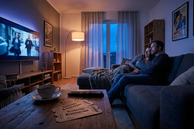 Ein modernes Wohnzimmer am Abend mit genau 2 Personen auf einem Sofa, die konzentriert einen spannenden Krimi-Stream auf einem großen Fernseher schauen, im Vordergrund eine Fernbedienung und eine Tasse Tee auf einem Couchtisch, dezentes natürliches Licht aus einer Stehlampe und kühles Dämmerlicht durch das Fenster. Fotorealistische Szene mit realistischen Stofftexturen, Holzoberflächen und sanften Schatten, cineastische Stimmung in Blau- und Grautönen, klare Komposition mit Fokus auf entspannte Spannung und Streaming-Atmosphäre, ohne jegliche Schrift oder Symbole im Bild.