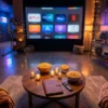 Fotorealistische Hero-Szene für einen romantischen Filmabend: ein stilvoller Couchtisch mit Popcorn, Kerzenlicht, Fernbedienung und mehreren modernen Streaming-Oberflächen auf einem großen Fernseher im Hintergrund, warme natürliche Beleuchtung, realistische Texturen von Stoff, Glas und Holz, gemütliches Wohnzimmer mit eleganter Atmosphäre, kein Text im Bild