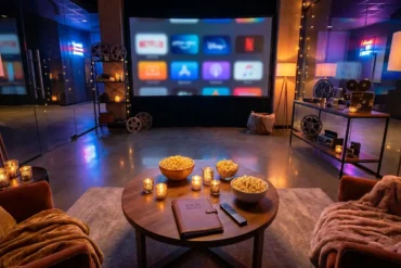 Fotorealistische Hero-Szene für einen romantischen Filmabend: ein stilvoller Couchtisch mit Popcorn, Kerzenlicht, Fernbedienung und mehreren modernen Streaming-Oberflächen auf einem großen Fernseher im Hintergrund, warme natürliche Beleuchtung, realistische Texturen von Stoff, Glas und Holz, gemütliches Wohnzimmer mit eleganter Atmosphäre, kein Text im Bild