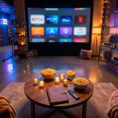 Fotorealistische Hero-Szene für einen romantischen Filmabend: ein stilvoller Couchtisch mit Popcorn, Kerzenlicht, Fernbedienung und mehreren modernen Streaming-Oberflächen auf einem großen Fernseher im Hintergrund, warme natürliche Beleuchtung, realistische Texturen von Stoff, Glas und Holz, gemütliches Wohnzimmer mit eleganter Atmosphäre, kein Text im Bild