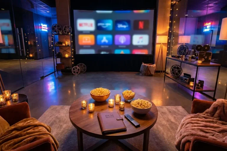 Fotorealistische Hero-Szene für einen romantischen Filmabend: ein stilvoller Couchtisch mit Popcorn, Kerzenlicht, Fernbedienung und mehreren modernen Streaming-Oberflächen auf einem großen Fernseher im Hintergrund, warme natürliche Beleuchtung, realistische Texturen von Stoff, Glas und Holz, gemütliches Wohnzimmer mit eleganter Atmosphäre, kein Text im Bild