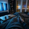Fotorealistische Szene eines gemütlich-düsteren Wohnzimmers bei natürlichem Abendlicht, eine einzelne Person sitzt auf einem Sofa mit Decke und Fernbedienung, der Fernseher wirft kühles blaues Licht auf realistische Stofftexturen, Holzoberflächen und eine Tasse auf dem Couchtisch. Im Hintergrund regnerisches Fenster, tiefe Schatten, cineastische Stimmung, dezente Farbpalette aus Dunkelblau, Grau und warmen Bernsteinakzenten, keine Schrift, keine Symbole, keine Bildschirminhalte mit Text.