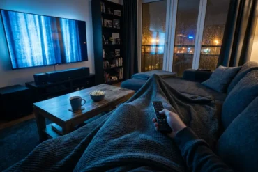 Fotorealistische Szene eines gemütlich-düsteren Wohnzimmers bei natürlichem Abendlicht, eine einzelne Person sitzt auf einem Sofa mit Decke und Fernbedienung, der Fernseher wirft kühles blaues Licht auf realistische Stofftexturen, Holzoberflächen und eine Tasse auf dem Couchtisch. Im Hintergrund regnerisches Fenster, tiefe Schatten, cineastische Stimmung, dezente Farbpalette aus Dunkelblau, Grau und warmen Bernsteinakzenten, keine Schrift, keine Symbole, keine Bildschirminhalte mit Text.