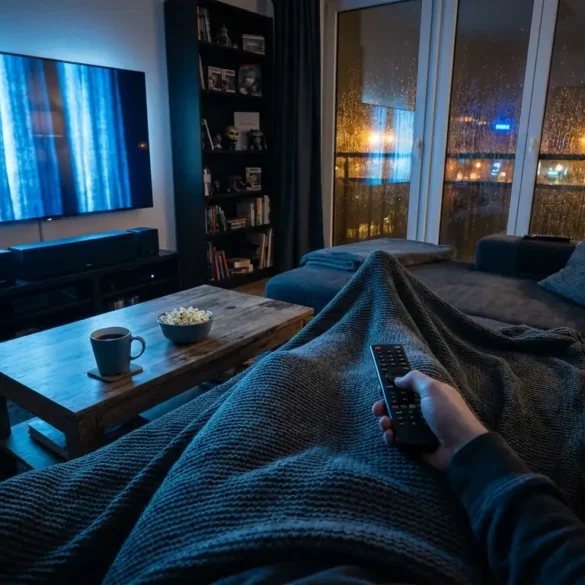 Fotorealistische Szene eines gemütlich-düsteren Wohnzimmers bei natürlichem Abendlicht, eine einzelne Person sitzt auf einem Sofa mit Decke und Fernbedienung, der Fernseher wirft kühles blaues Licht auf realistische Stofftexturen, Holzoberflächen und eine Tasse auf dem Couchtisch. Im Hintergrund regnerisches Fenster, tiefe Schatten, cineastische Stimmung, dezente Farbpalette aus Dunkelblau, Grau und warmen Bernsteinakzenten, keine Schrift, keine Symbole, keine Bildschirminhalte mit Text.