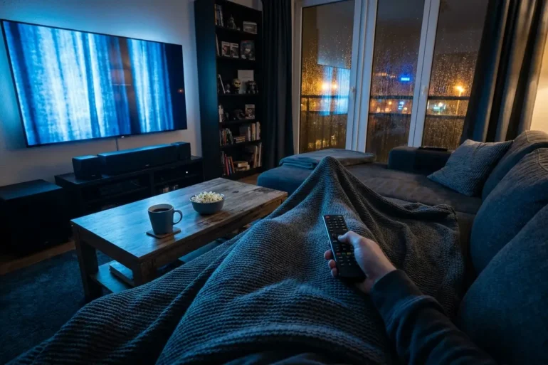 Fotorealistische Szene eines gemütlich-düsteren Wohnzimmers bei natürlichem Abendlicht, eine einzelne Person sitzt auf einem Sofa mit Decke und Fernbedienung, der Fernseher wirft kühles blaues Licht auf realistische Stofftexturen, Holzoberflächen und eine Tasse auf dem Couchtisch. Im Hintergrund regnerisches Fenster, tiefe Schatten, cineastische Stimmung, dezente Farbpalette aus Dunkelblau, Grau und warmen Bernsteinakzenten, keine Schrift, keine Symbole, keine Bildschirminhalte mit Text.