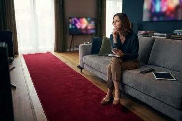 Ein modernes Wohnzimmer bei natürlichem Tageslicht, eine einzelne Person sitzt entspannt auf einem Sofa und blickt nachdenklich auf einen Streaming-Bildschirm außerhalb des Bildausschnitts, daneben liegen Fernbedienung, Notizblock und Smartphone als Symbol für Preisvergleich und Abo-Entscheidung. Fotorealistische Szene mit weichen Schatten, realistischen Stofftexturen, neutral-warmen Farben und klarer, aufgeräumter Komposition ohne jegliche Schrift, Zahlen oder Logos im Bild.