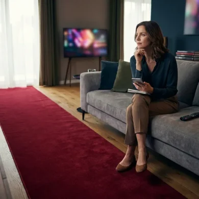 Ein modernes Wohnzimmer bei natürlichem Tageslicht, eine einzelne Person sitzt entspannt auf einem Sofa und blickt nachdenklich auf einen Streaming-Bildschirm außerhalb des Bildausschnitts, daneben liegen Fernbedienung, Notizblock und Smartphone als Symbol für Preisvergleich und Abo-Entscheidung. Fotorealistische Szene mit weichen Schatten, realistischen Stofftexturen, neutral-warmen Farben und klarer, aufgeräumter Komposition ohne jegliche Schrift, Zahlen oder Logos im Bild.