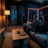 Fotorealistische Szene eines modernen Wohnzimmers am Abend mit genau 2 Personen auf einem Sofa, die konzentriert durch ein Streaming-Menü auf einem großen Fernseher blättern, daneben ein Couchtisch mit Fernbedienung, Snacks und warmem Licht einer Stehlampe. Natürliche Beleuchtung aus Fernseher und Raumlicht, realistische Texturen bei Stoffen, Holz, Glas und Haut, ruhige hochwertige Farbpalette in Blau-, Grau- und warmen Bernsteintönen, aufgeräumte Komposition mit Fokus auf entspannte Streaming-Atmosphäre ohne jegliche sichtbare Texte oder Symbole im Bild.