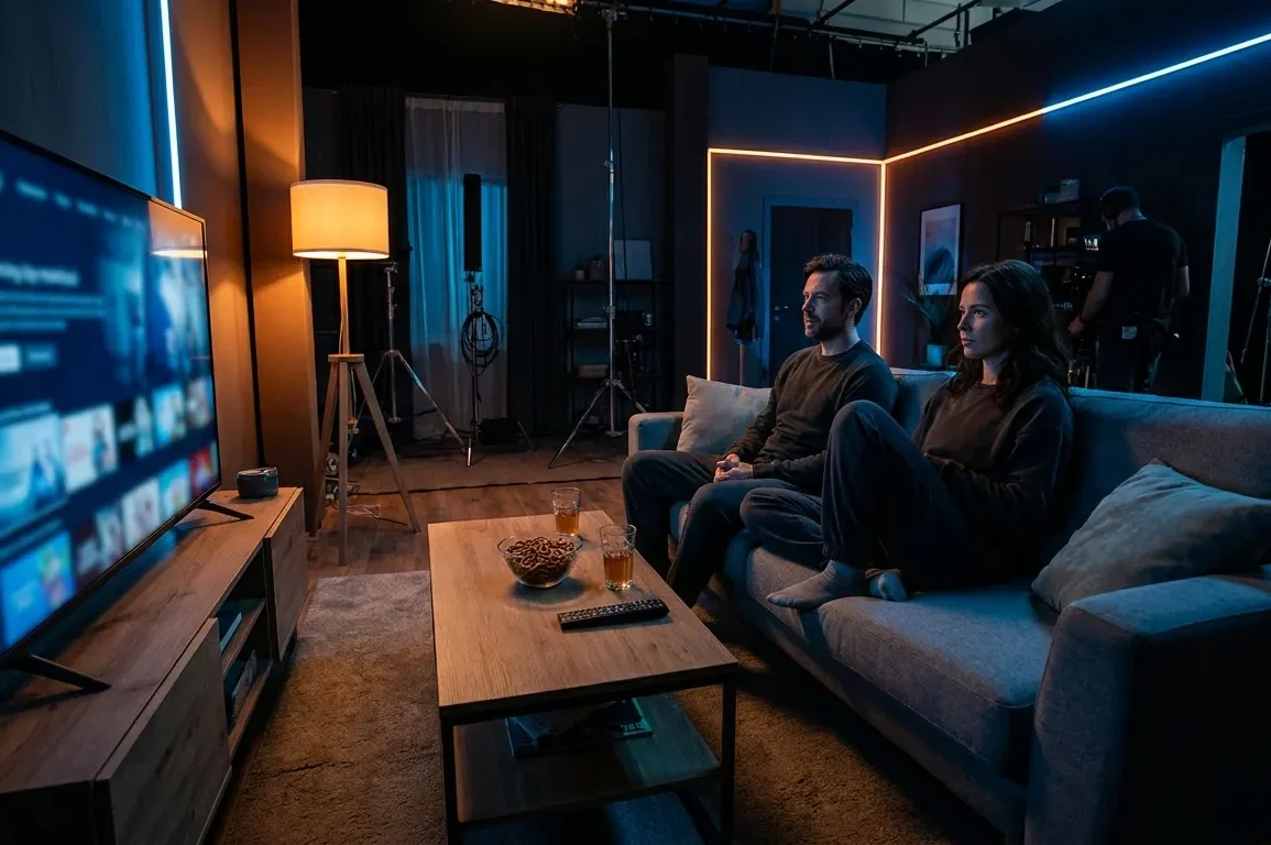Fotorealistische Szene eines modernen Wohnzimmers am Abend mit genau 2 Personen auf einem Sofa, die konzentriert durch ein Streaming-Menü auf einem großen Fernseher blättern, daneben ein Couchtisch mit Fernbedienung, Snacks und warmem Licht einer Stehlampe. Natürliche Beleuchtung aus Fernseher und Raumlicht, realistische Texturen bei Stoffen, Holz, Glas und Haut, ruhige hochwertige Farbpalette in Blau-, Grau- und warmen Bernsteintönen, aufgeräumte Komposition mit Fokus auf entspannte Streaming-Atmosphäre ohne jegliche sichtbare Texte oder Symbole im Bild.