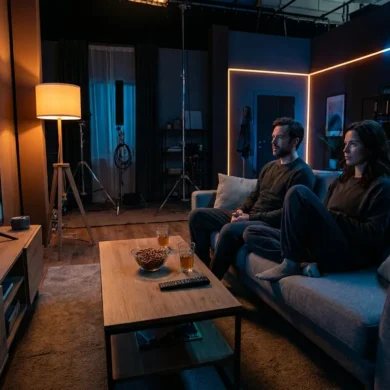 Fotorealistische Szene eines modernen Wohnzimmers am Abend mit genau 2 Personen auf einem Sofa, die konzentriert durch ein Streaming-Menü auf einem großen Fernseher blättern, daneben ein Couchtisch mit Fernbedienung, Snacks und warmem Licht einer Stehlampe. Natürliche Beleuchtung aus Fernseher und Raumlicht, realistische Texturen bei Stoffen, Holz, Glas und Haut, ruhige hochwertige Farbpalette in Blau-, Grau- und warmen Bernsteintönen, aufgeräumte Komposition mit Fokus auf entspannte Streaming-Atmosphäre ohne jegliche sichtbare Texte oder Symbole im Bild.