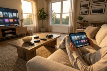 Photorealistische Szene eines modernen Wohnzimmers bei natürlichem Abendlicht, eine einzelne Person sitzt entspannt auf einem Sofa mit Fernbedienung und Tablet, auf dem Couchtisch liegen Popcorn, Kopfhörer und mehrere neutrale Streaming-Geräte ohne sichtbare Logos oder Schrift. Warme, realistische Texturen bei Stoff, Holz und Glas, klarer Fokus auf die Auswahl zwischen Filmen und Serien, ruhige filmische Stimmung, kein Text, keine Buchstaben, keine Zahlen im Bild.